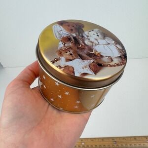 Vtg Boyds Bears Small Gold Round Tin w Stars Christmas Peppermint Candles READ